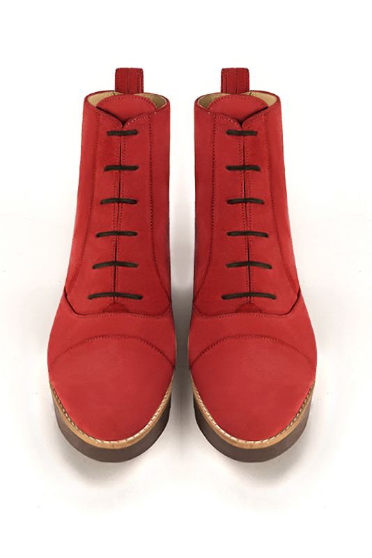 Scarlet red women's ankle boots with laces at the front.. Top view - Florence KOOIJMAN